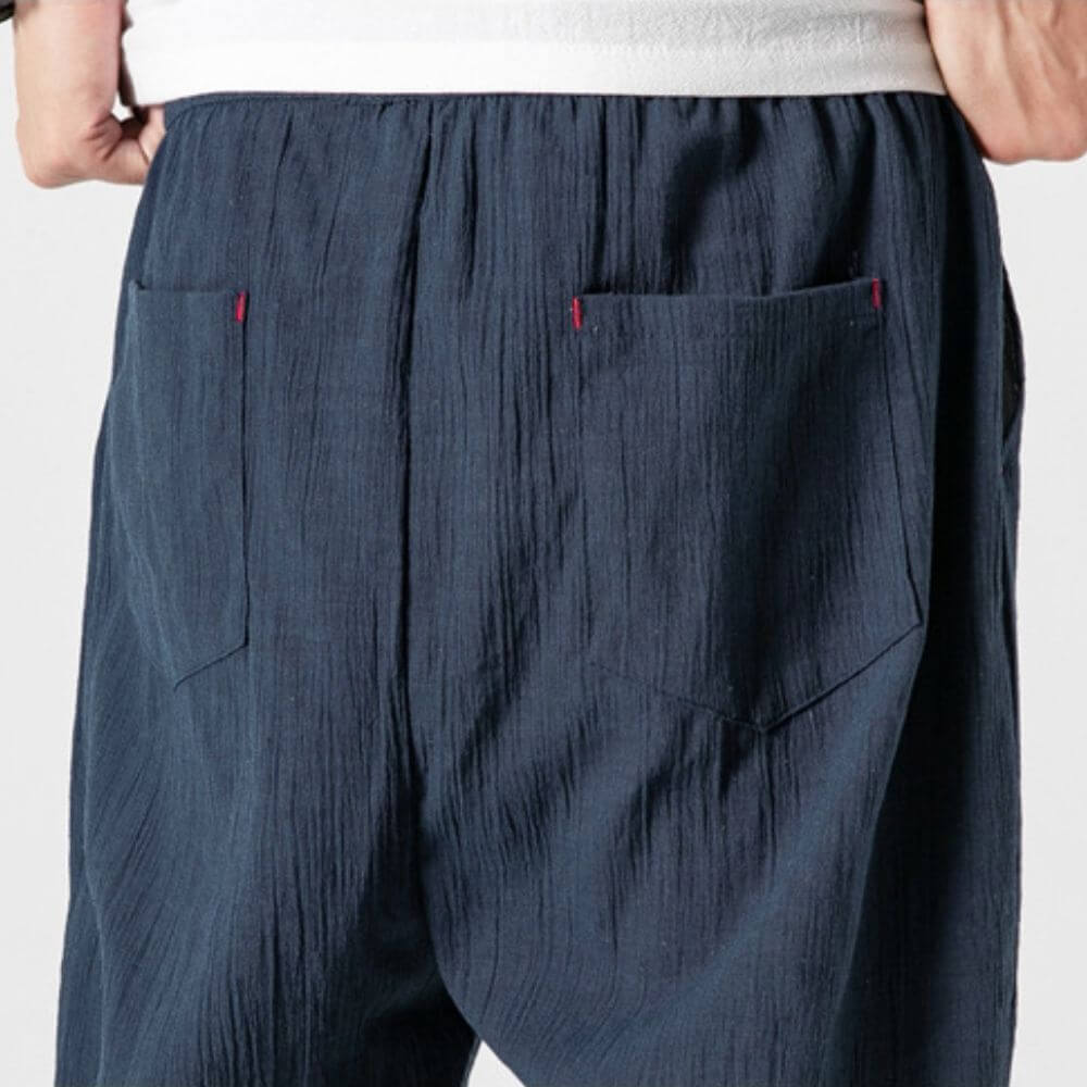 Pantalon Confort Japonais En Coton Et Lin - Style Chinois Décontracté, Bleu Marine, Coupe Droite, élastique à Cordon, Pour Printemps/été - 10